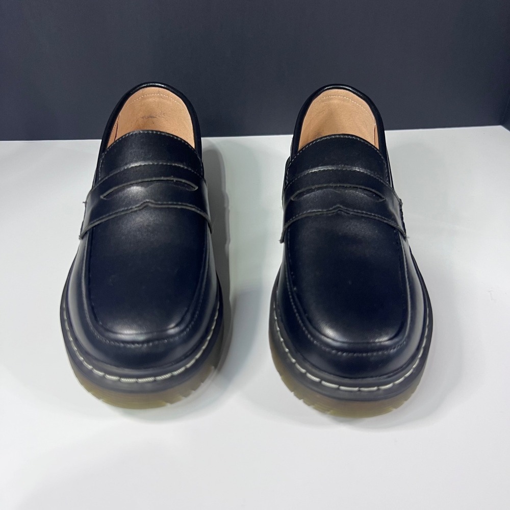 Black Penny Loafers Chunky Lug Sole Slip On Shoes Womens 8 US Preppy